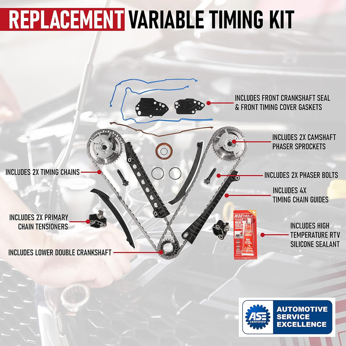 Variable Camshaft Timing Kit for Ford & Lincoln 5.4L 24 Valve Triton with Chain, Guide, Tensioner, Phaser N99982