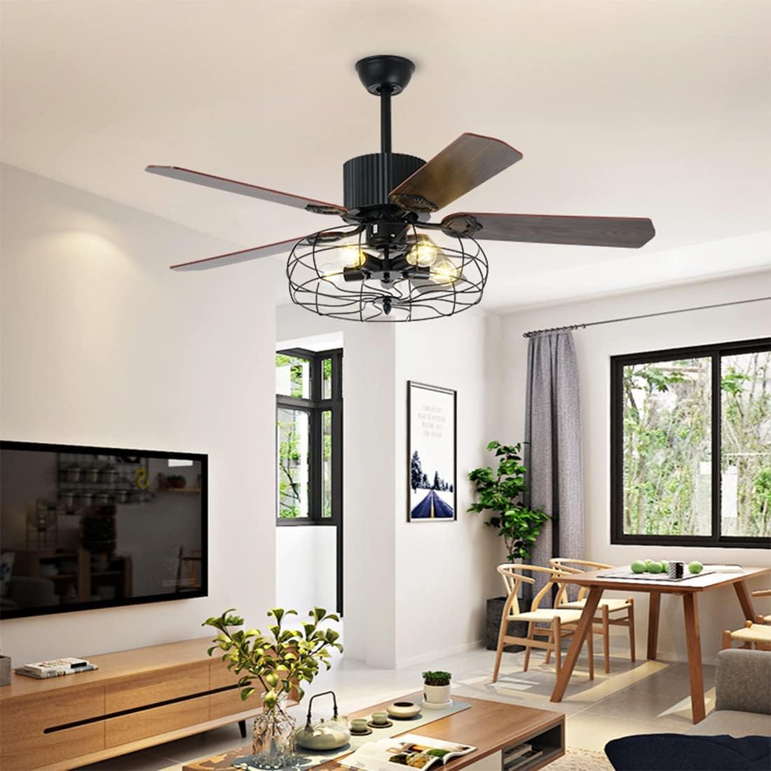 Black Industrial Ceiling Fan with Light and Remote, 5 Wood Blades, 5-Lights E26 B8900