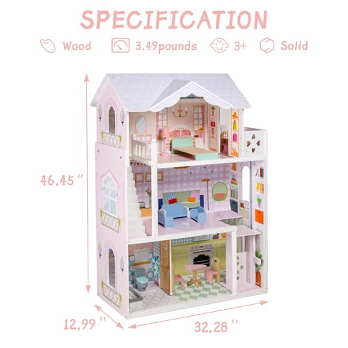 Large Wooden 3 Stories 6 Rooms Dollhouse with Elevator & Balcony C920