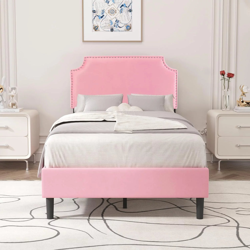 Pink Upholstered Twin Bed Frame with Wooden Slats U762