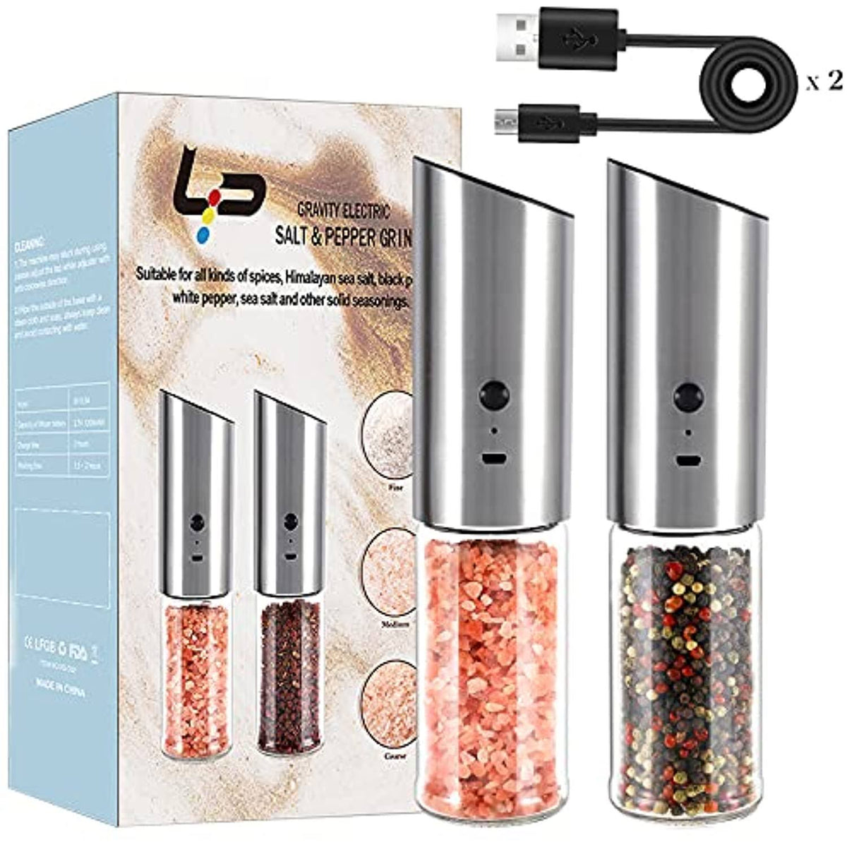Electric Salt and Pepper Grinder Set, USB Rechargeable, 170ml Refillable J1563