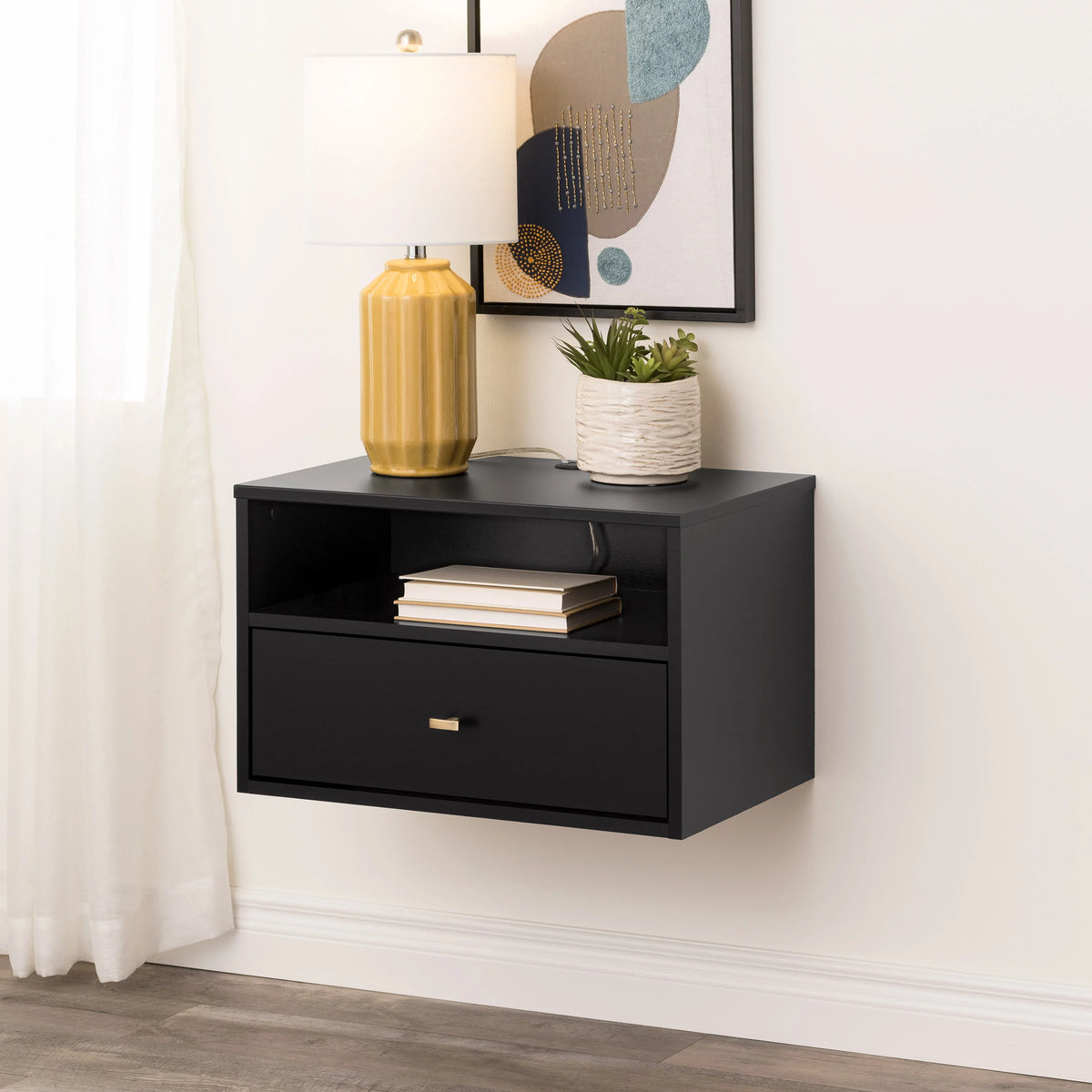 Black Floating Nightstand With Open Shelf X376