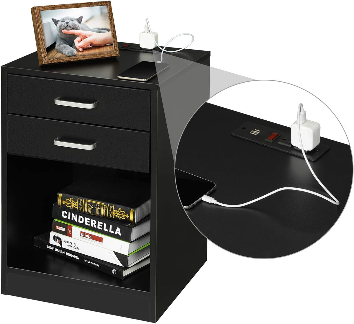 White Nightstand with USB Port and Sliding Drawer G266