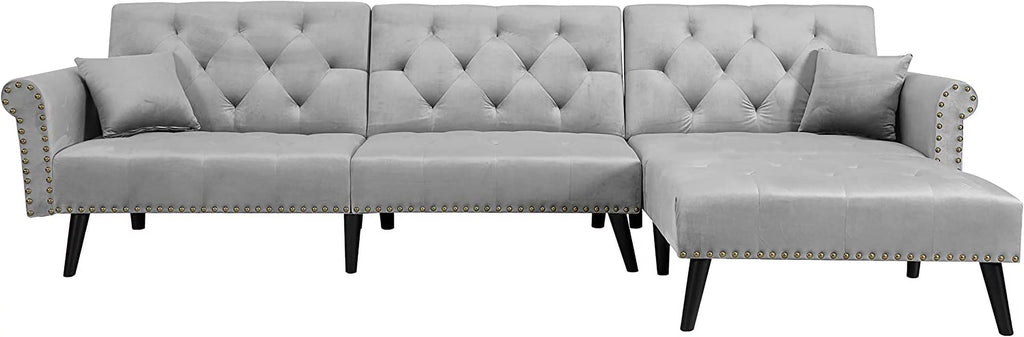 Light Grey Velvet Convertible Sleeper Sectional Sofa Bed K152