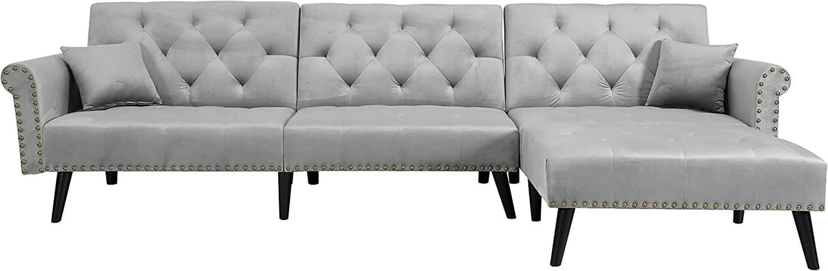 Light Grey Velvet Convertible Sleeper Sectional Sofa Bed K152