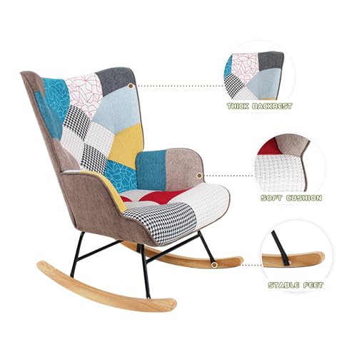 Patchwork Rocking Chair with Footstool and Pillow Fabric Upholstered High Back Lounge Chair 35''Lx 26''Wx37.8''H A103261
