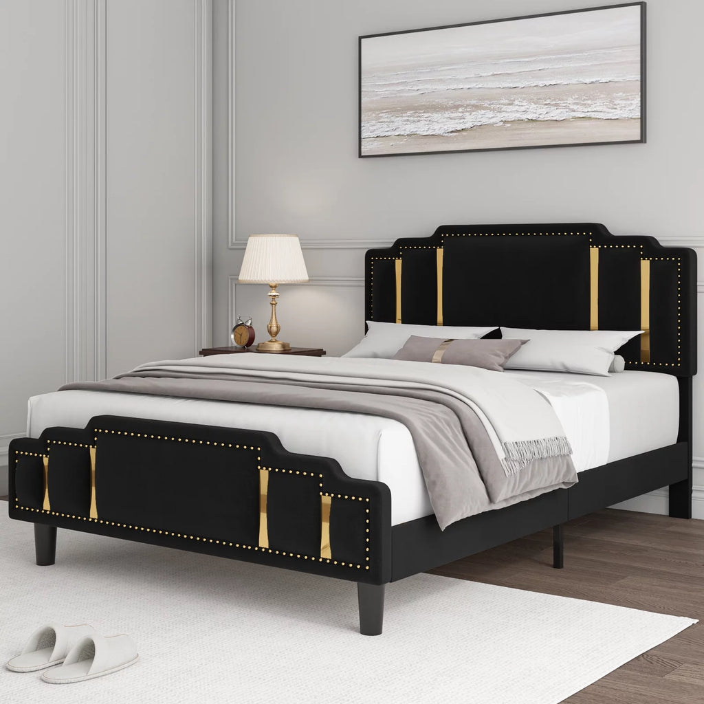 Black Velvet Queen Bed Frame with Adjustable Headboard V5195