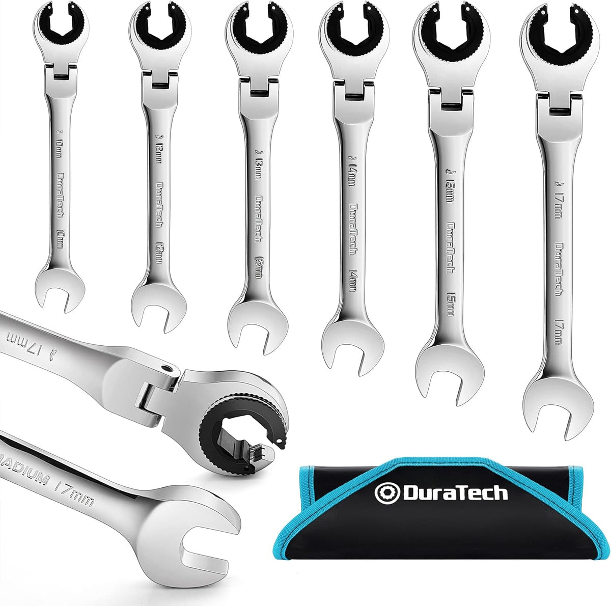 6-Piece Metric Ratcheting Wrench Set with Open Flex-head, 10-17mm, CR-V Steel, with Organizer Bag L5327