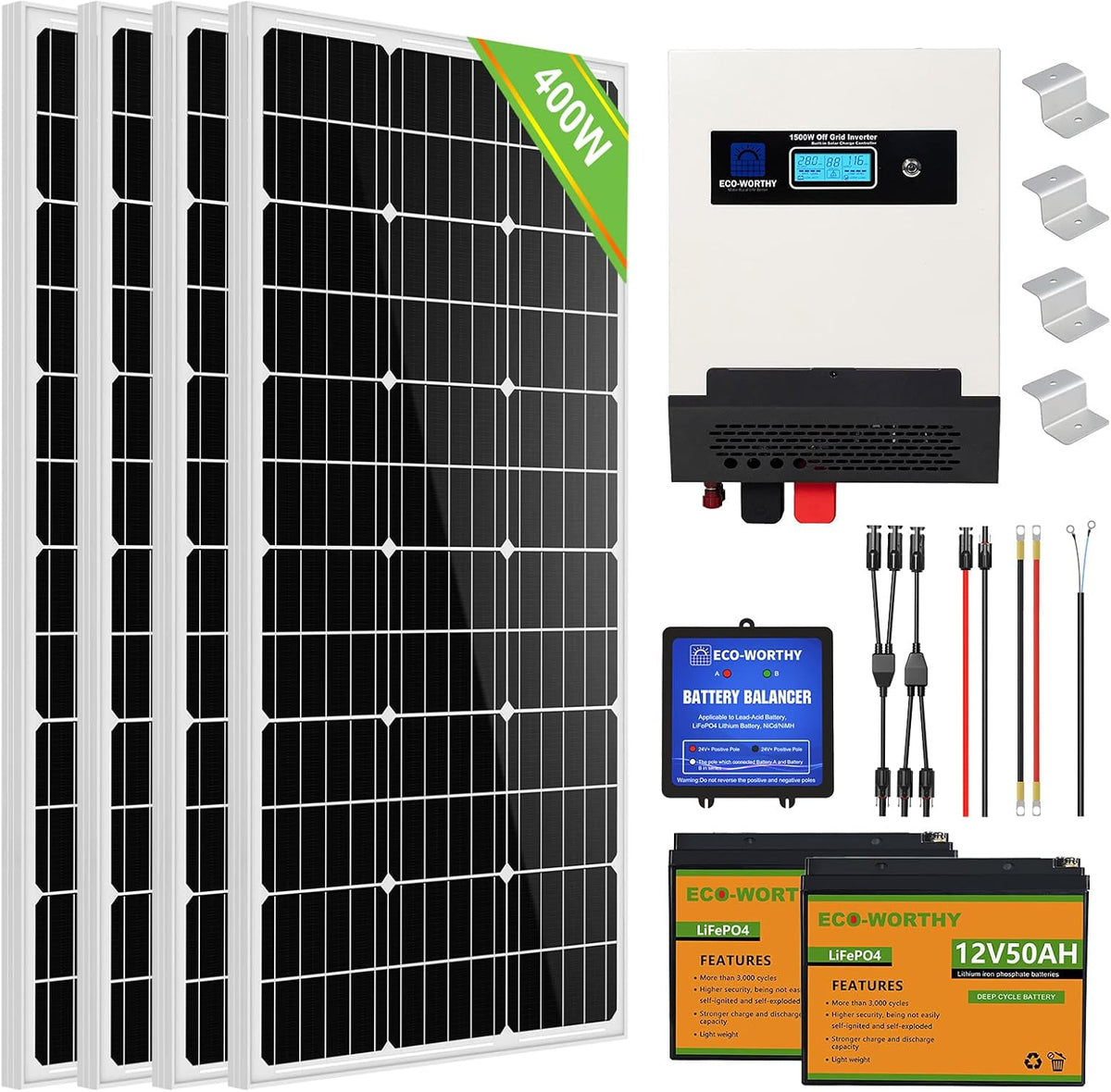 400W 24V Solar Panel Kit with 100W Panel, 50AH Lithium Battery and 1500W Inverter B504357