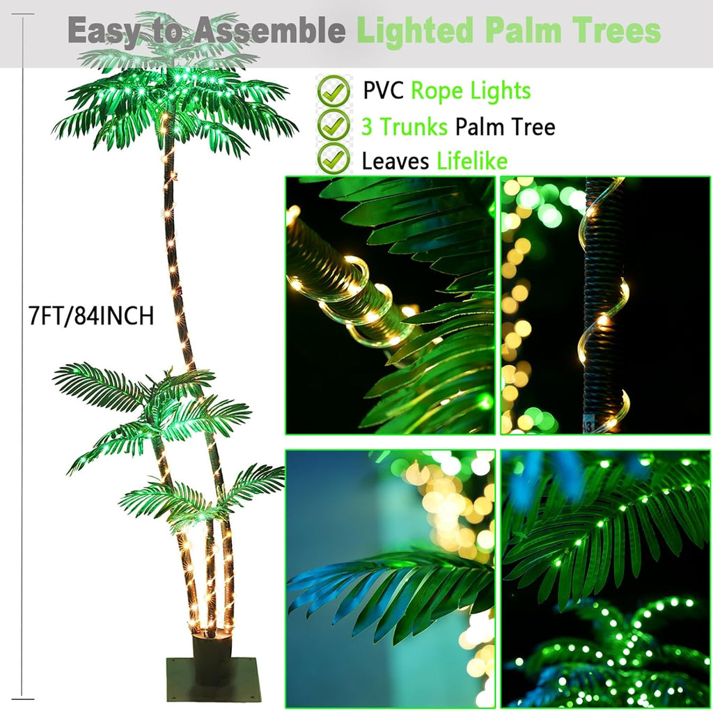 7FT Artificial Lighted Palm Trees with 260 LED Lighted Three Trunks P361198