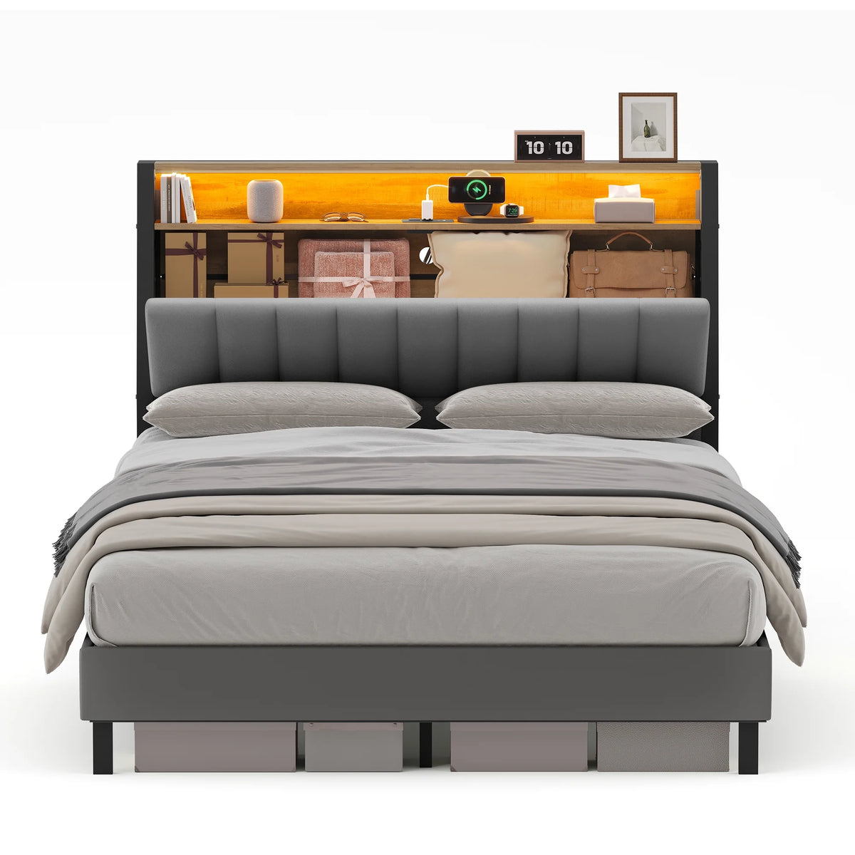 Full Size Bed Frame with Storage Headboard and Charging Station A367