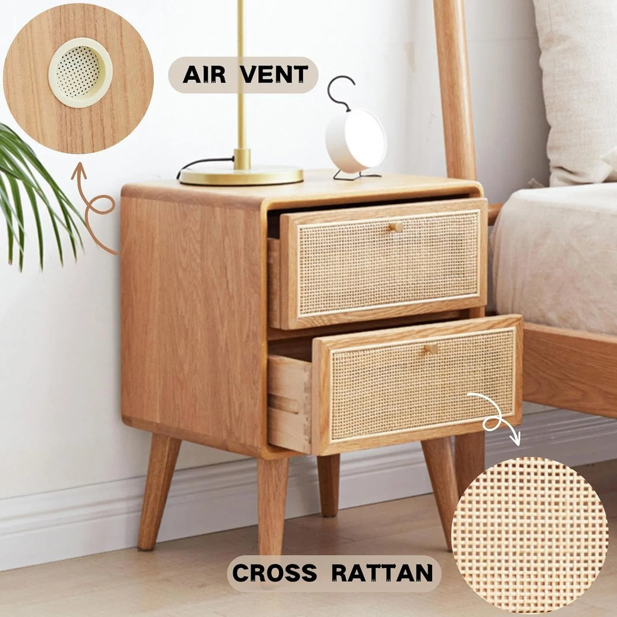 Rattan 2 Drawer Solid Oak Wood Nightstand R1665