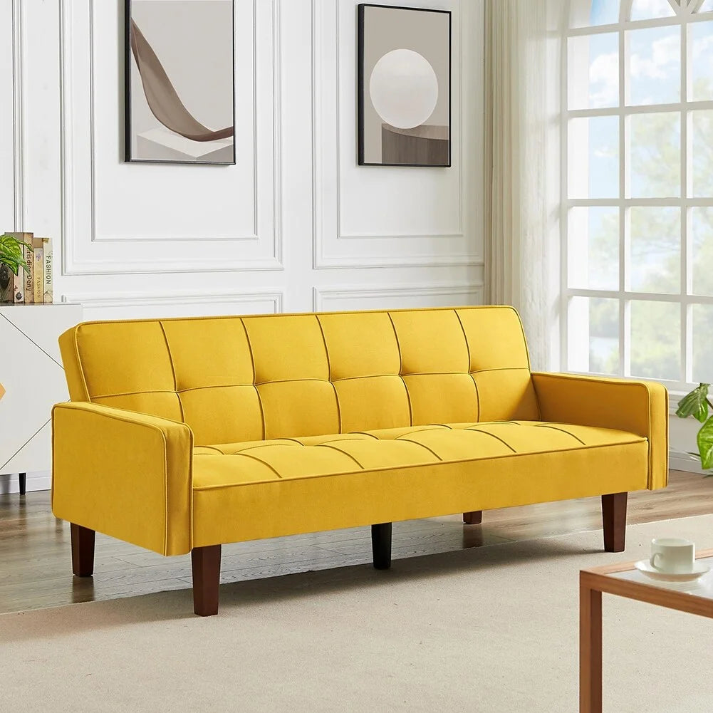 Yellow Linen Upholstered Sofa Bed with Solid Wood Feet T29228