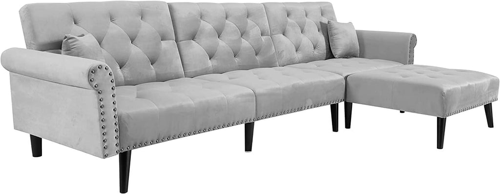 Light Grey Velvet Convertible Sleeper Sectional Sofa Bed K152