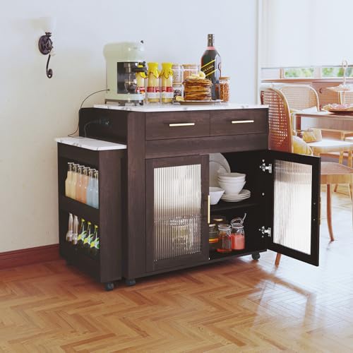 Extendable Kitchen Island on Wheels with Power Outlet and Storage Cabinet and Drawers Y804998