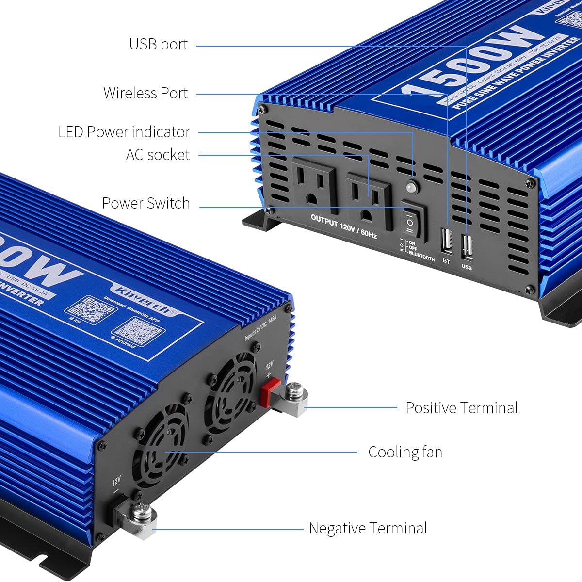 1500W Pure Sine Wave Power Inverter 12V DC to 110V AC Car Inverter with Bluetooth and 2AC Outlets & USB Port G48816