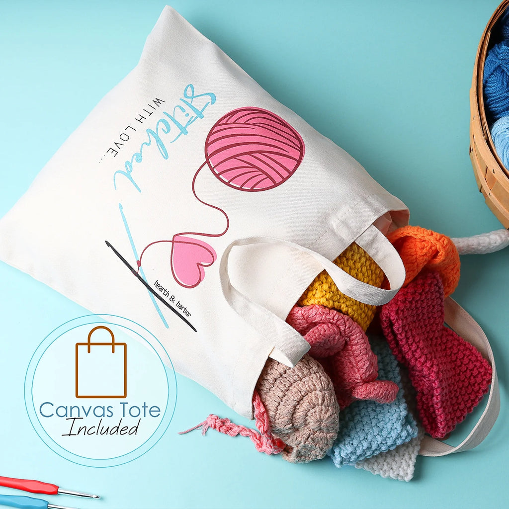 Crochet Kit with Yarn Balls, Needles, Canvas Tote Bag, 73 Piece U641