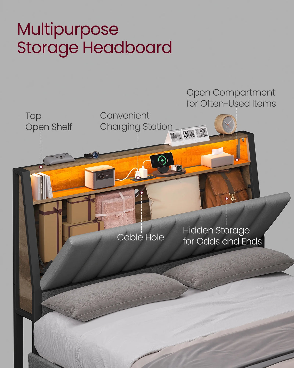 Full Size Bed Frame with Storage Headboard and Charging Station A367