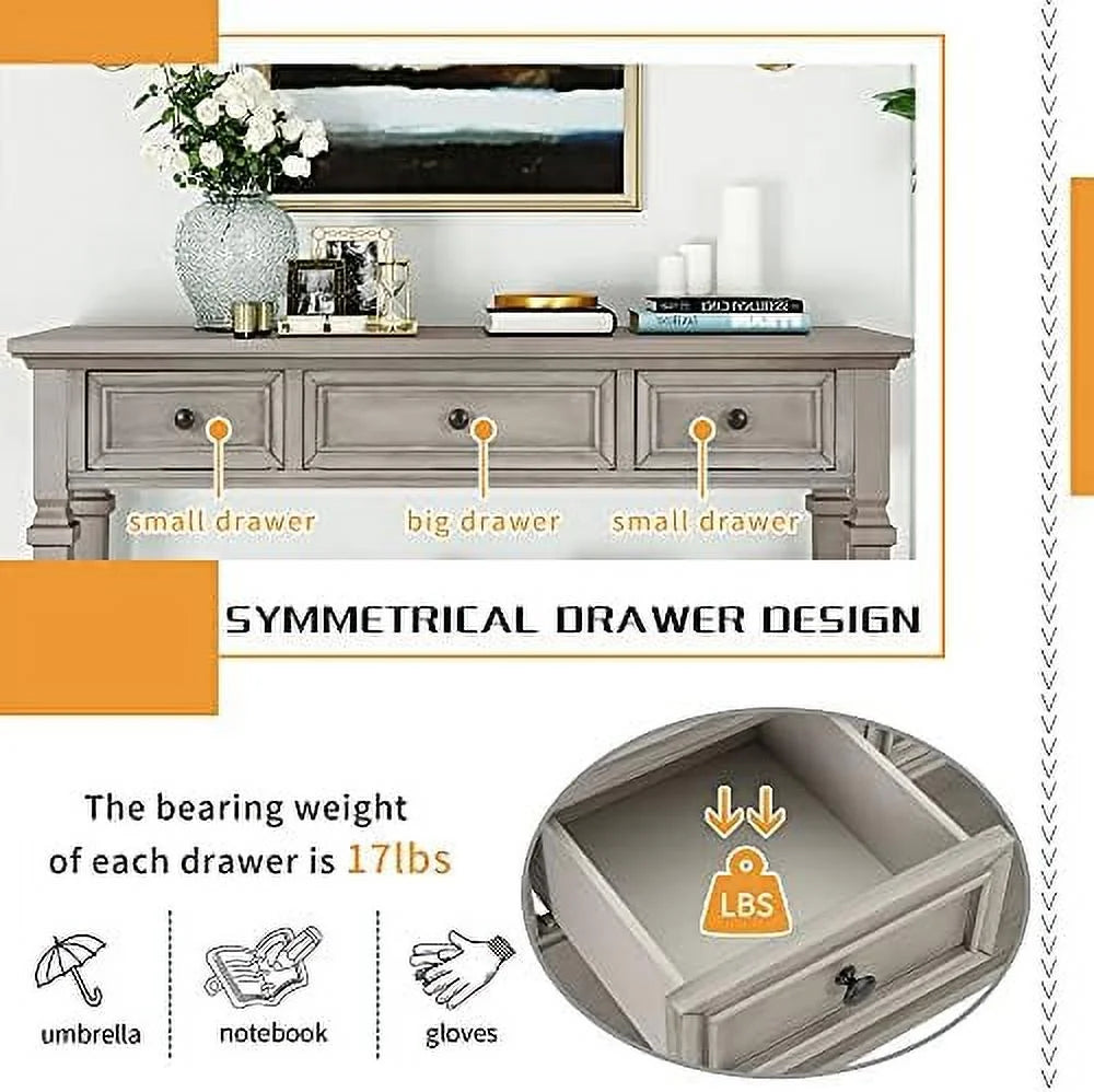 Small Entryway Console Table with 3 Drawers Pine Wood Frame Z198