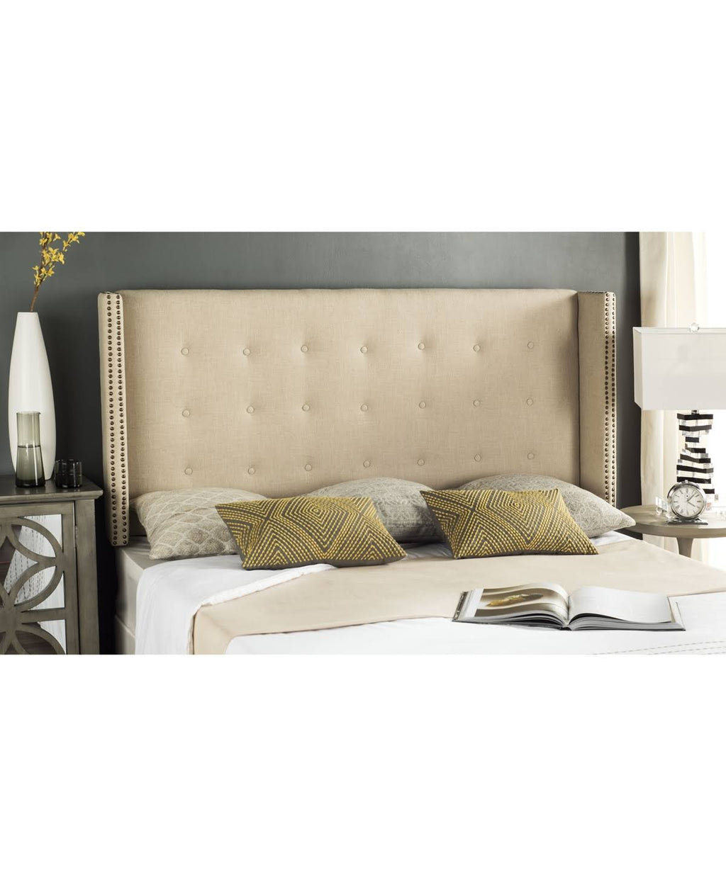 Navy Linen Tufted Winged Headboard Queen B21887