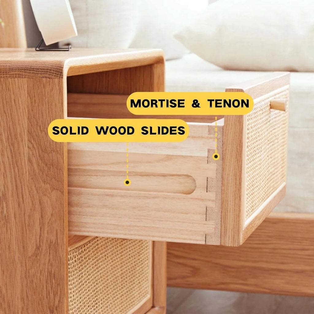 Rattan 2 Drawer Solid Oak Wood Nightstand R1665