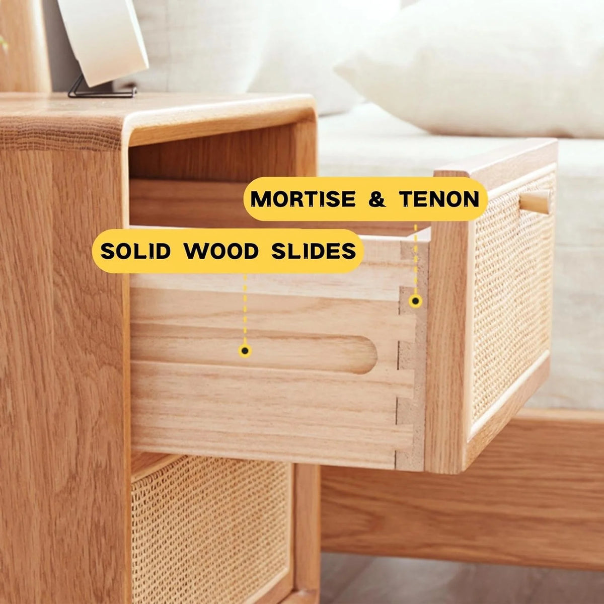 Rattan 2 Drawer Solid Oak Wood Nightstand R1665