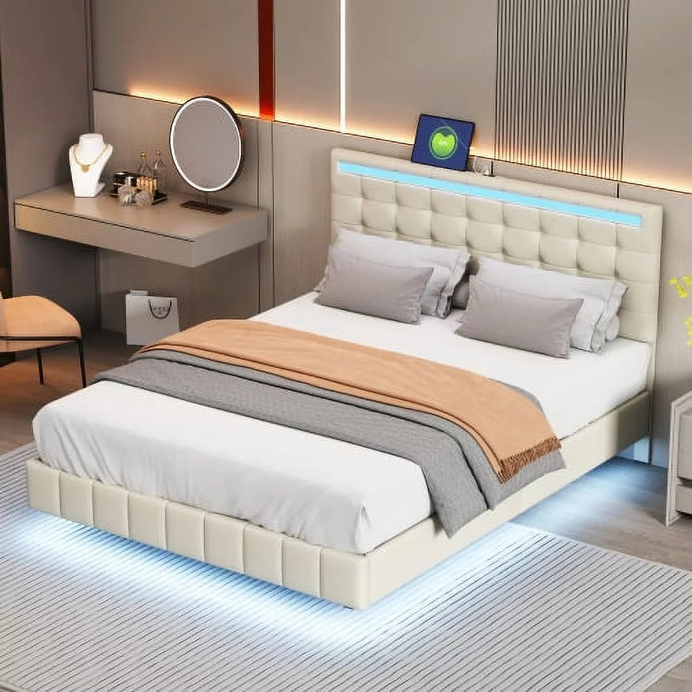Queen Size PU Upholstered Platform Bed Frame with LED Lights & USB Port T84644