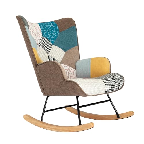 Patchwork Rocking Chair with Footstool and Pillow Fabric Upholstered High Back Lounge Chair 35''Lx 26''Wx37.8''H A103261