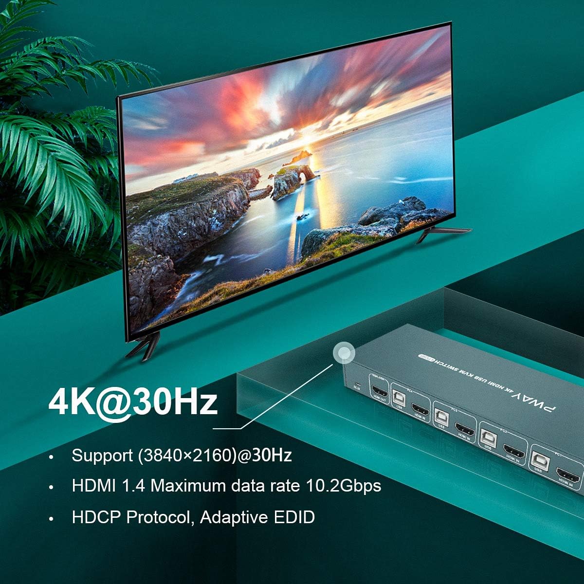 4 Port HDMI KVM Switch 4K@30Hz USB 2.0 with Cables T24633