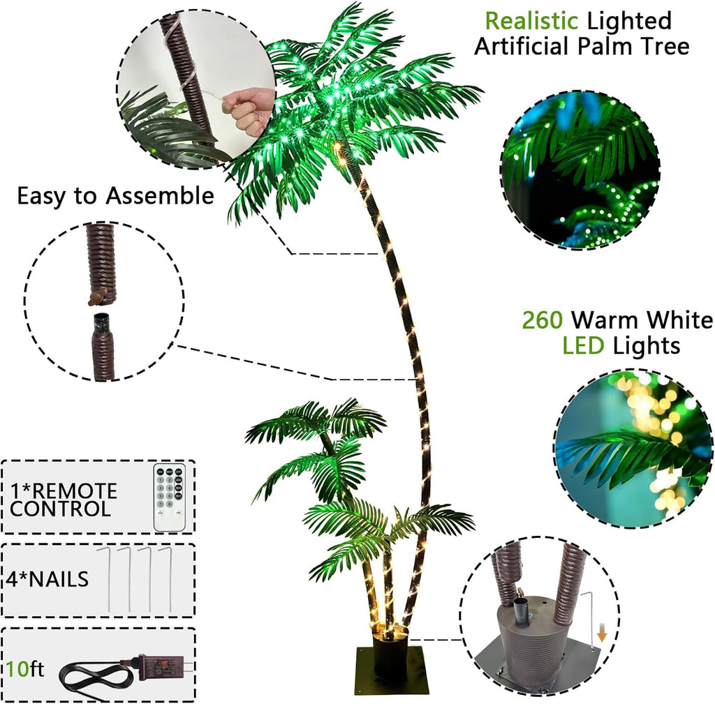 7FT Artificial Lighted Palm Trees with 260 LED Lighted Three Trunks P361198