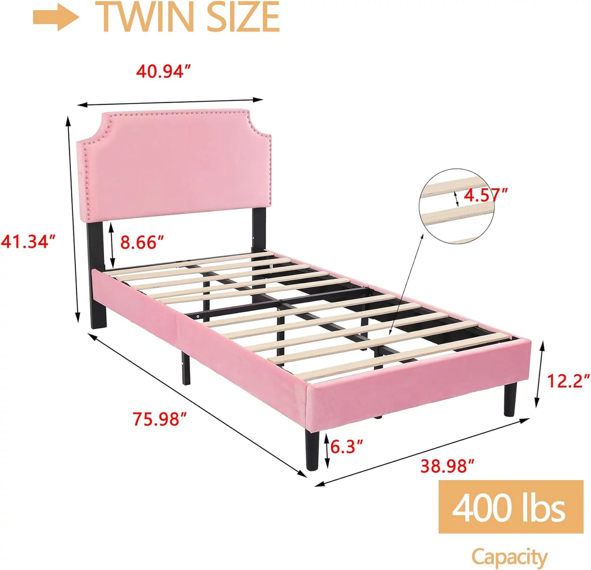 Pink Upholstered Twin Bed Frame with Wooden Slats U762