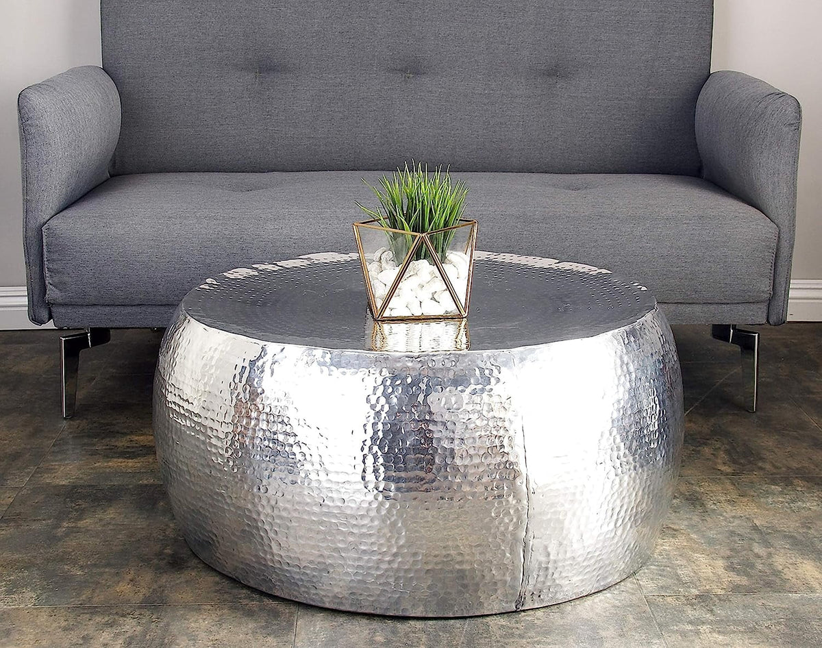 Aluminum Drum Shaped Coffee Table with Hammered Design V14930