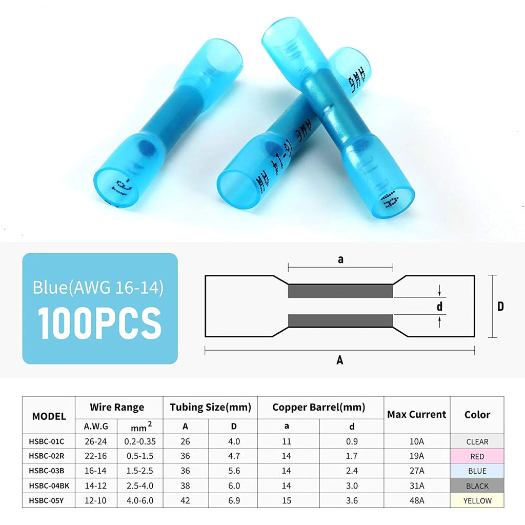 100Pcs 16-14 AWG Blue Insulated Waterproof Heat Shrink Butt Wire Connectors T8696