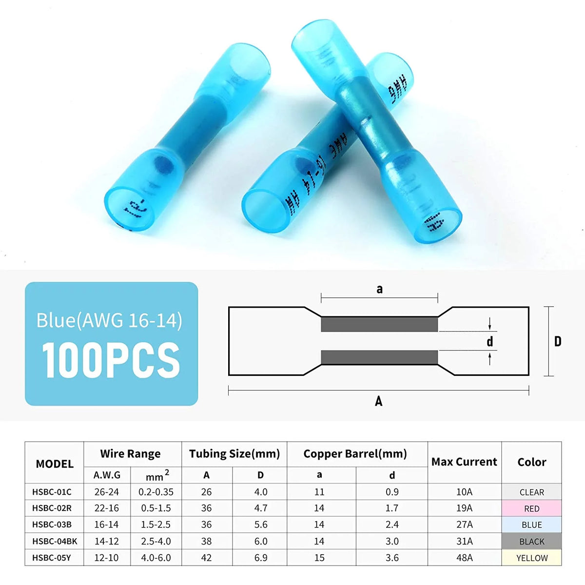 100Pcs 16-14 AWG Blue Insulated Waterproof Heat Shrink Butt Wire Connectors T8696