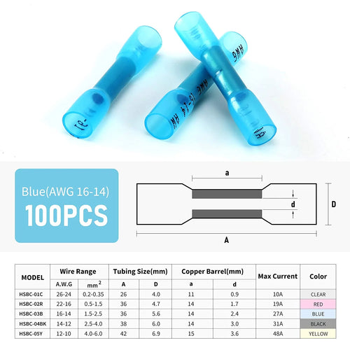 100Pcs 16-14 AWG Blue Insulated Waterproof Heat Shrink Butt Wire Connectors T8696