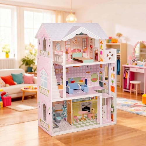 Large Wooden 3 Stories 6 Rooms Dollhouse with Elevator & Balcony C920