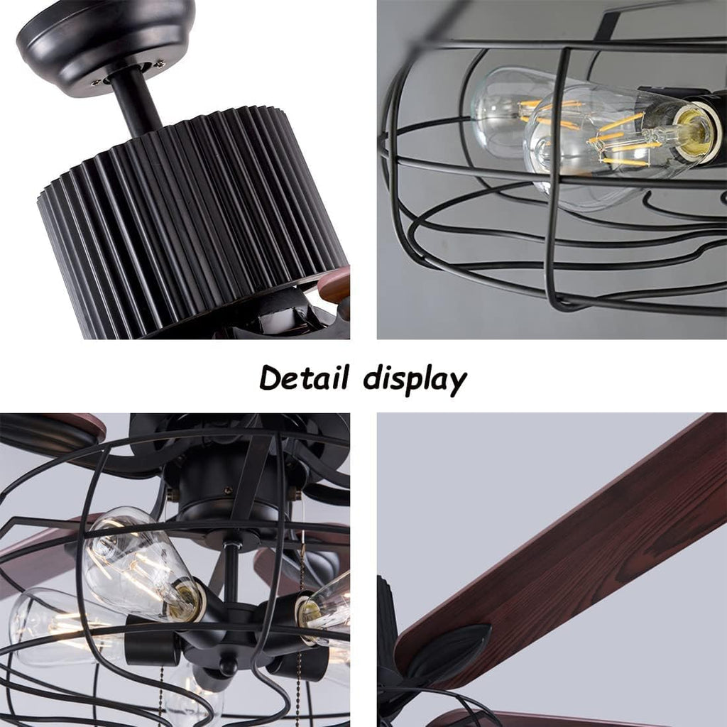 Black Industrial Ceiling Fan with Light and Remote, 5 Wood Blades, 5-Lights E26 B8900