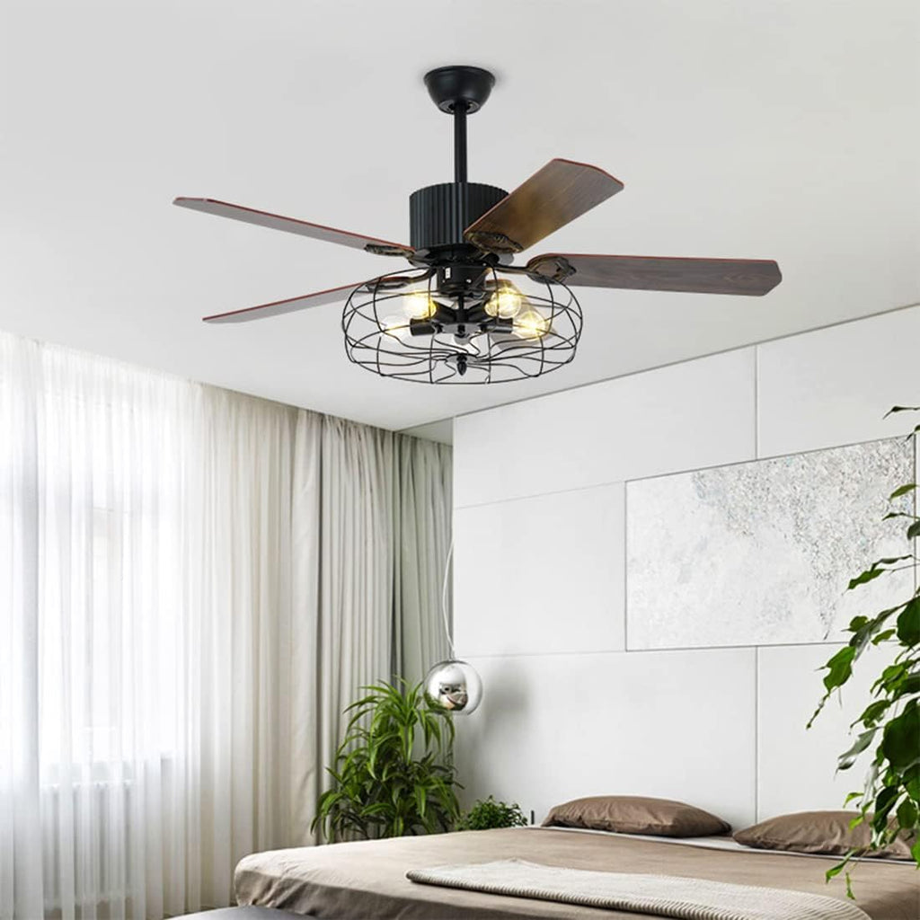 Black Industrial Ceiling Fan with Light and Remote, 5 Wood Blades, 5-Lights E26 B8900