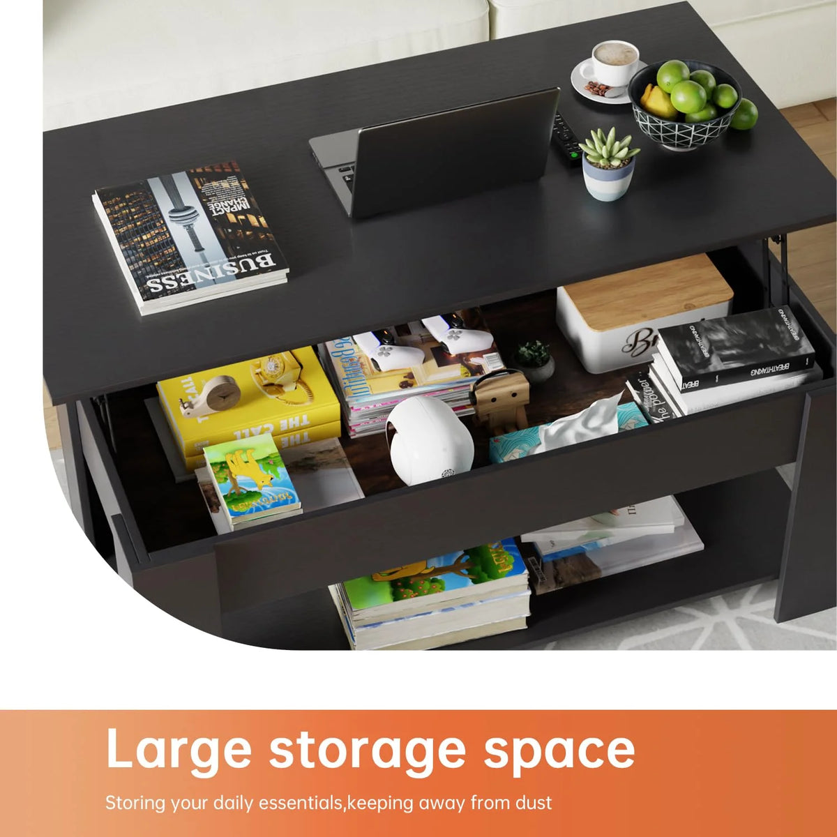 Lift Top Coffee Table with Hidden Compartment and Storage Shelf 47.2in Black P5988
