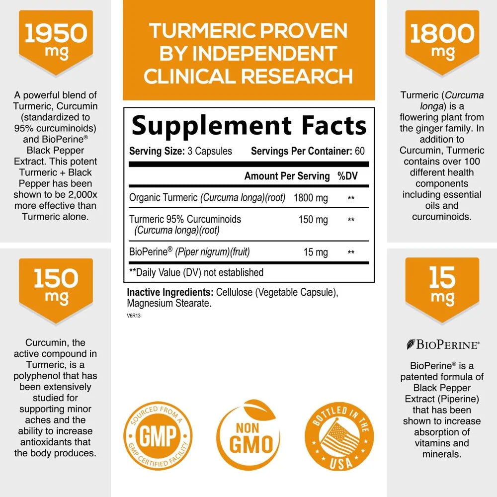 180 Capsules Turmeric Curcumin Supplement V2266