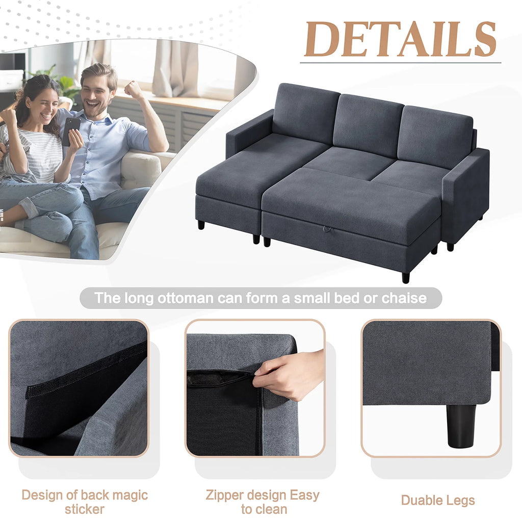 L-Shaped Convertible Sectional Sofa with Storage Ottoman I20500