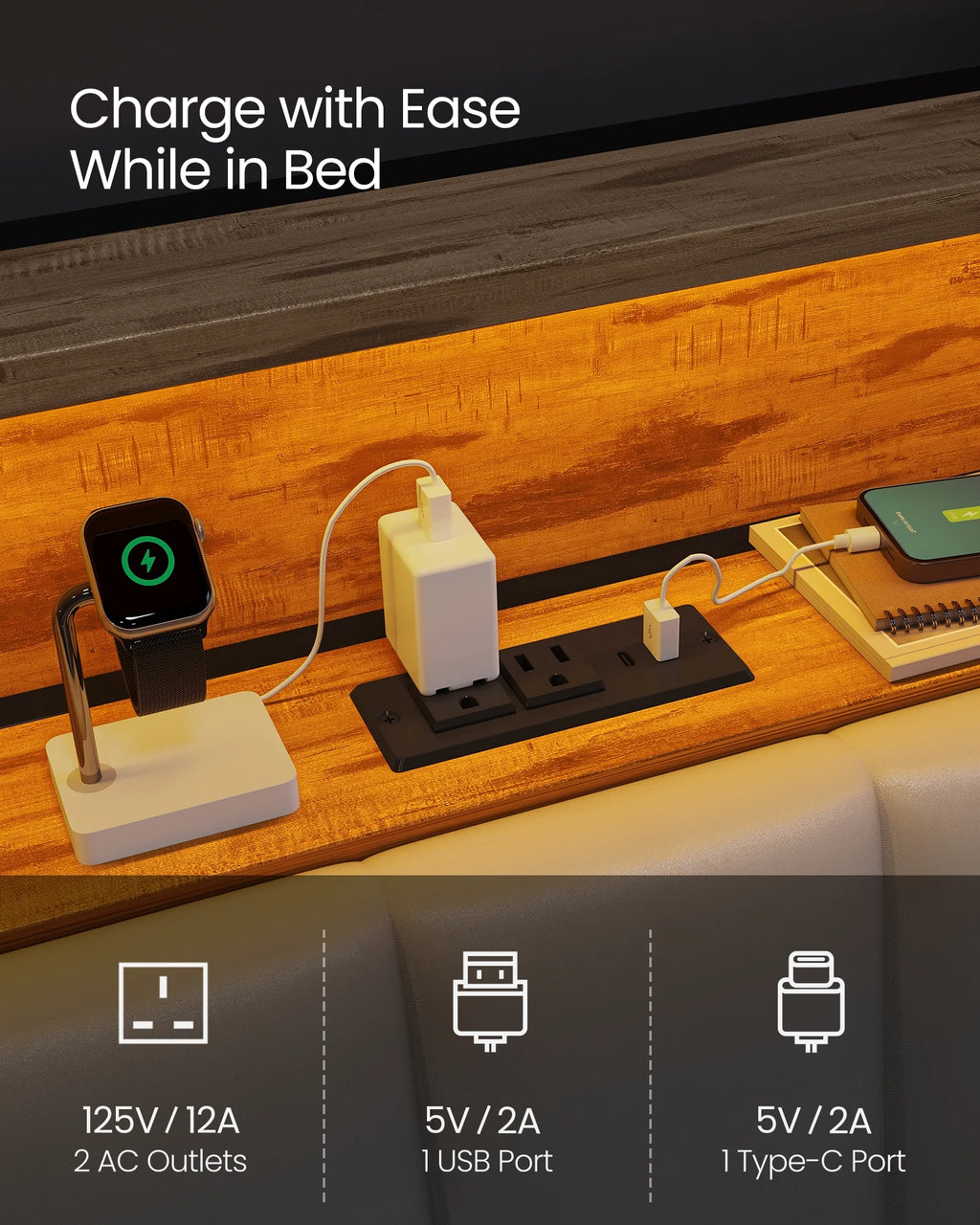 Full Size Bed Frame with Storage Headboard and Charging Station A367