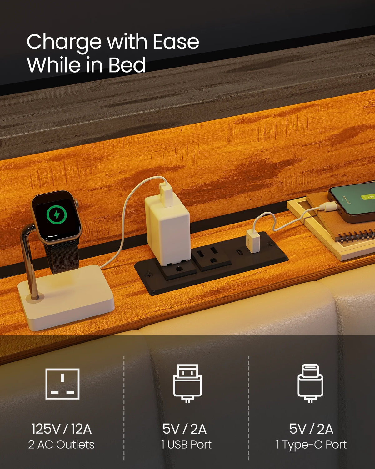 Full Size Bed Frame with Storage Headboard and Charging Station A367