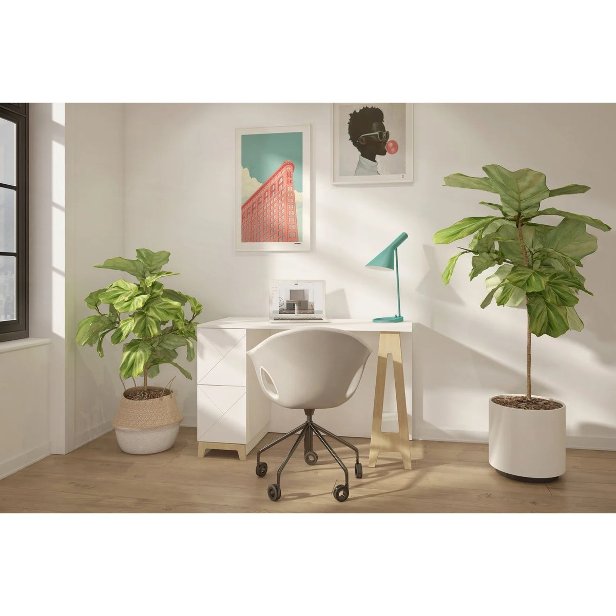 White 2-Drawer Birch Plywood Desk D7170