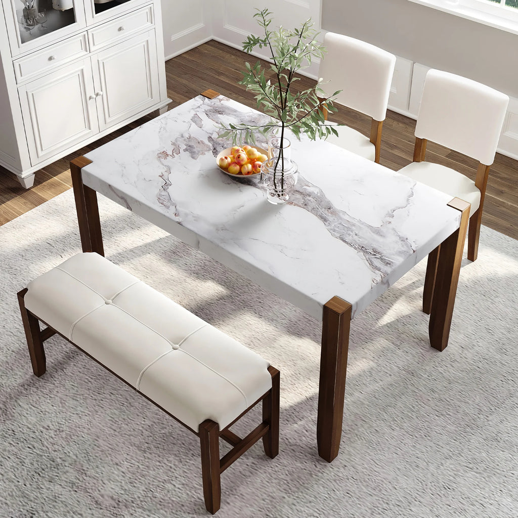 4-Piece Dining Furniture Set with Faux Marble Table and 2 Upholstered Chairs & Bench J4636