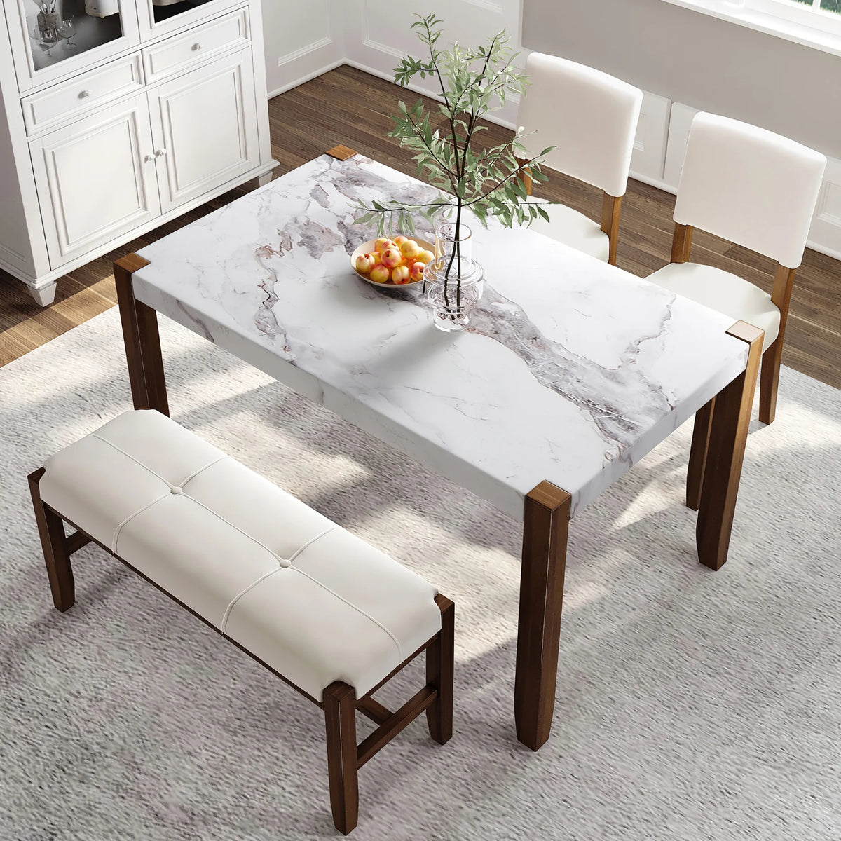4-Piece Dining Furniture Set with Faux Marble Table and 2 Upholstered Chairs & Bench J4636
