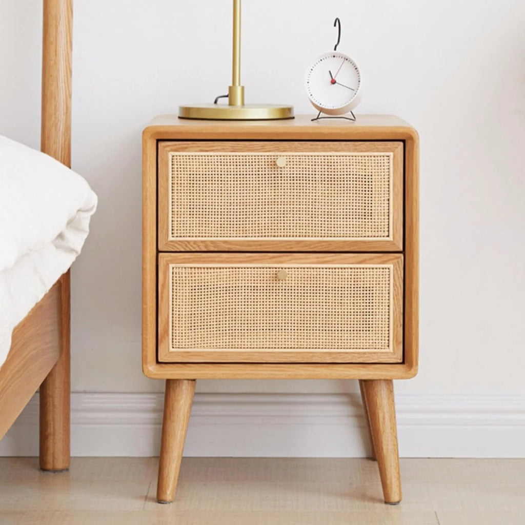 Rattan 2 Drawer Solid Oak Wood Nightstand R1665