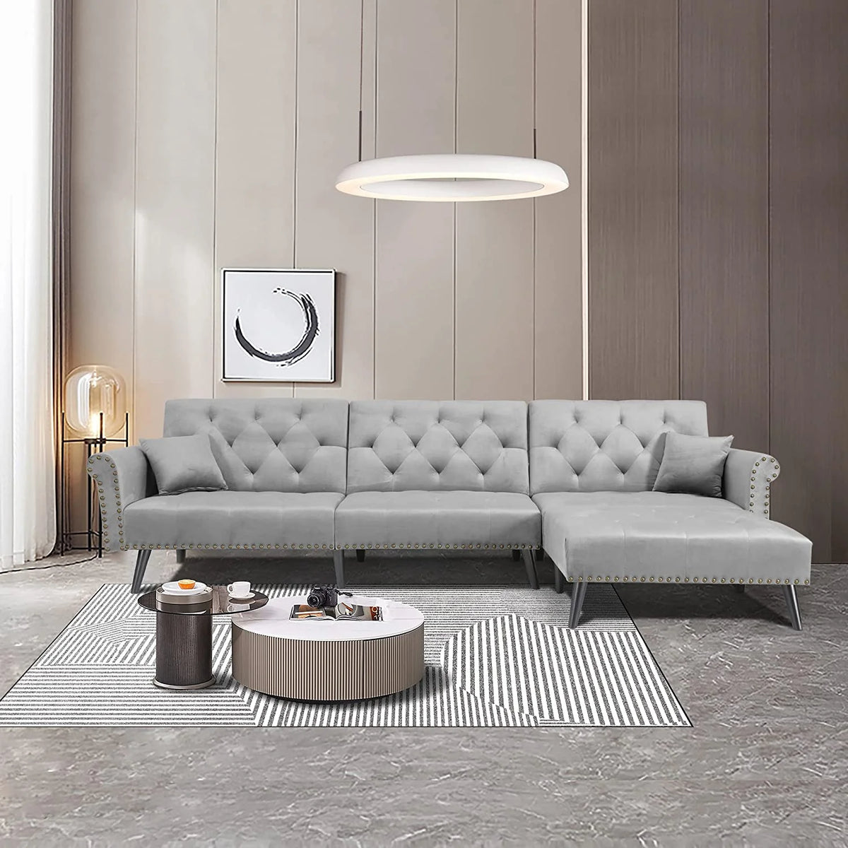 Light Grey Velvet Convertible Sleeper Sectional Sofa Bed K152