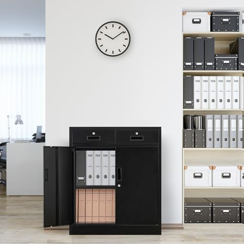 Black Steel Storage Cabinet with 2 Lockable Doors and 2 Adjustable Shelves F46279