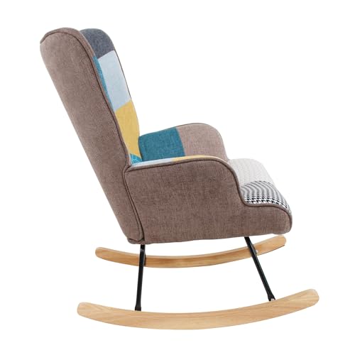 Patchwork Rocking Chair with Footstool and Pillow Fabric Upholstered High Back Lounge Chair 35''Lx 26''Wx37.8''H A103261